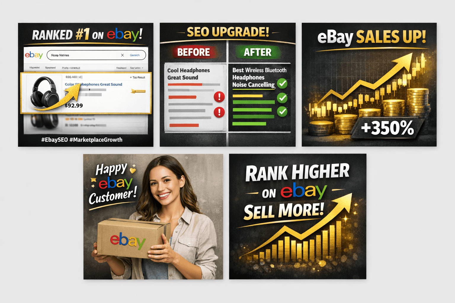 Before and after eBay listing optimization results for US sellers showing increased impressions and sales