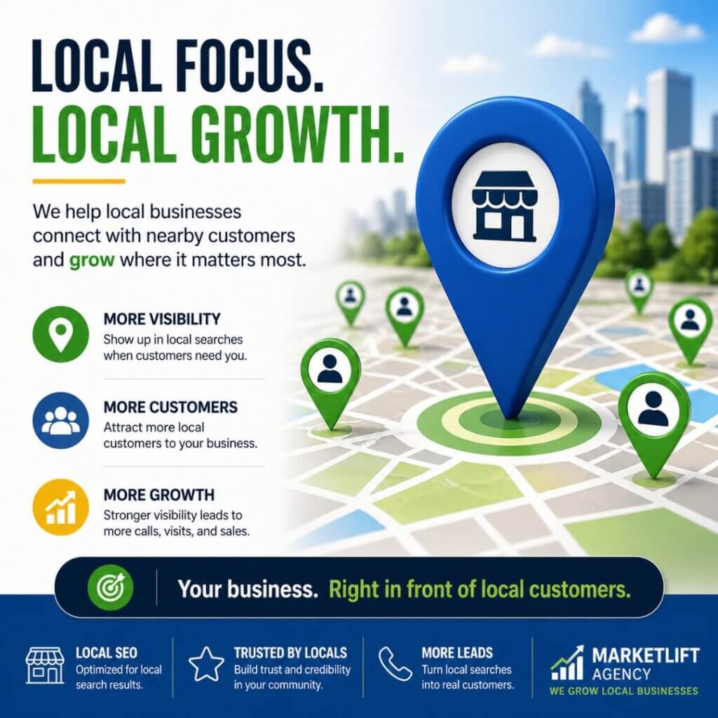 Local SEO visibility concept showing map pins and nearby customer targeting for business growth