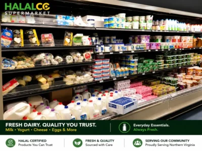 Fresh dairy products including milk, yogurt, cheese, and eggs available at Halalco Supermarket.