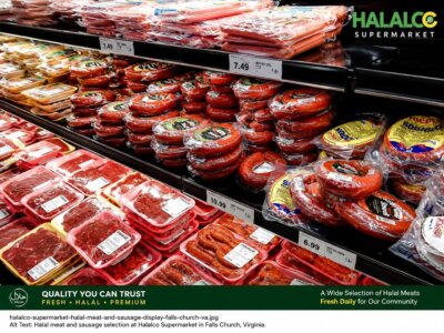 Wide variety of halal sausages, deli meats, and fresh meat products.
