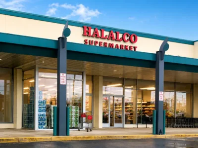 Front entrance of Halalco Supermarket serving customers across Northern Virginia.