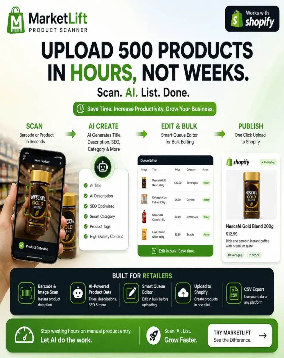 AI Shopify Barcode Scanner app for retail stores and bulk product upload
