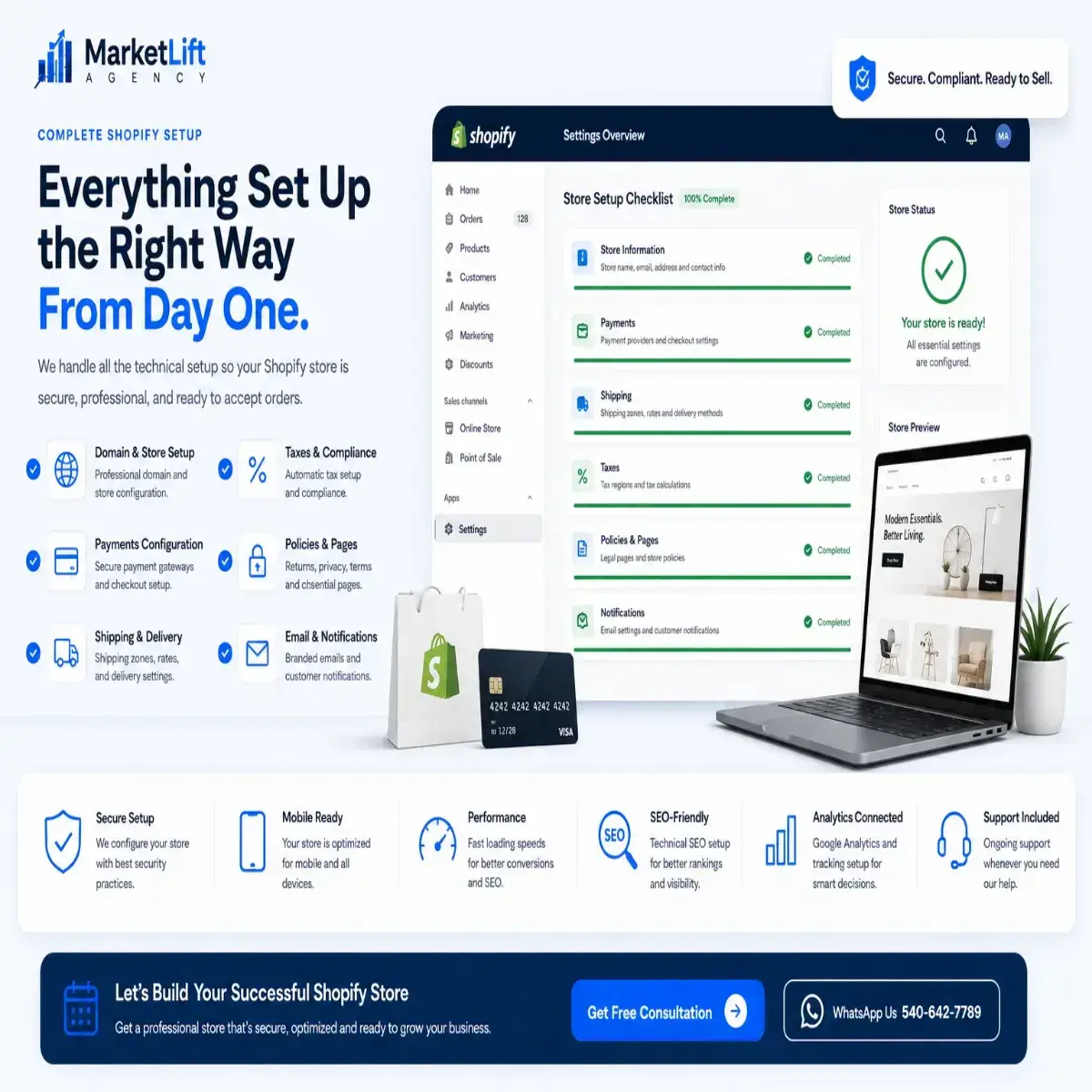 Complete Shopify store setup services including domain, payments, shipping, taxes, legal policies, analytics, SEO and security