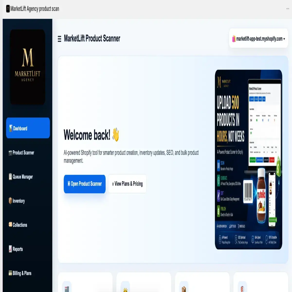 MarketLift Product Scanner Shopify dashboard